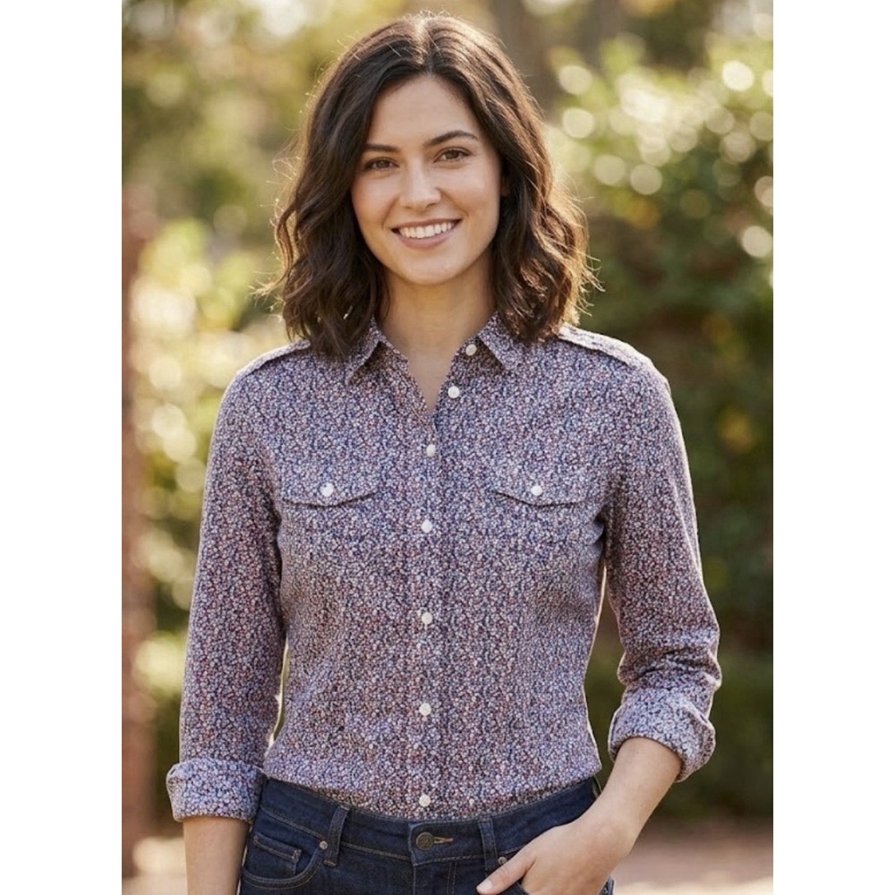 Ann Mashburn Floral Button Down Shirt Cotton Size Small Long Sleeve Camp